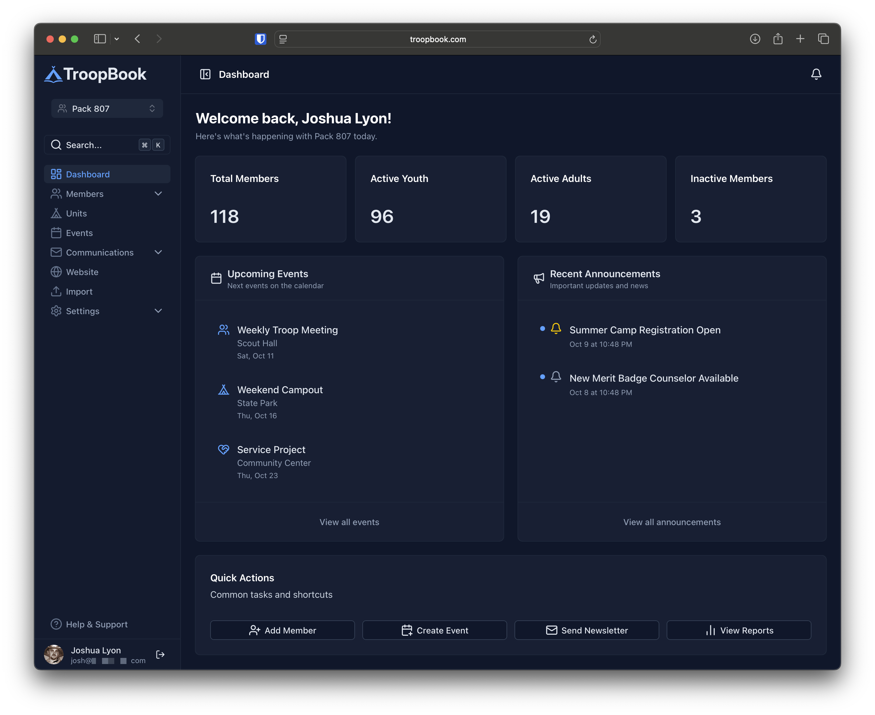TroopBook Dashboard Preview